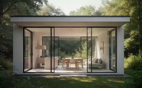 Ein modernes Tiny House im Bauhausstil mit großen Fenstern und einem flachen Dach, umgeben von grüner Natur. - Foto: über boerse-global.de
