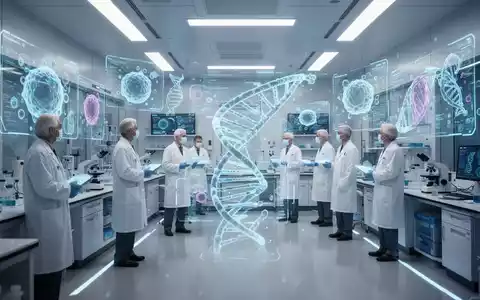 Ein modernes medizinisches Labor mit Forschern, die an Geräten und holografischen Anzeigen arbeiten, die Langlebigkeitsforschung symbolisieren. - Foto: über boerse-global.de