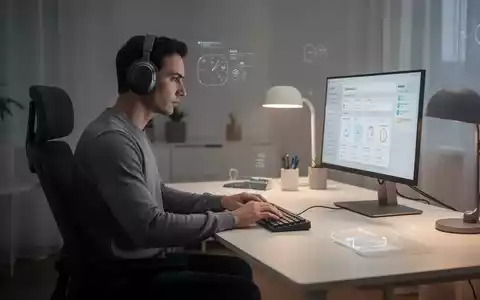 Ein ruhiges Homeoffice mit einer konzentrierten Person, die Kopfhörer trägt und an einem ergonomischen Schreibtisch arbeitet. - Foto: über boerse-global.de