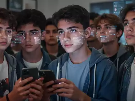 Jugendliche betrachten nachdenklich Smartphones, mit gespiegelten Social-Media-Oberflächen auf ihren Gesichtern, was den Einfluss digitaler Medien auf das Körperbild symbolisiert. - Foto: über boerse-global.de