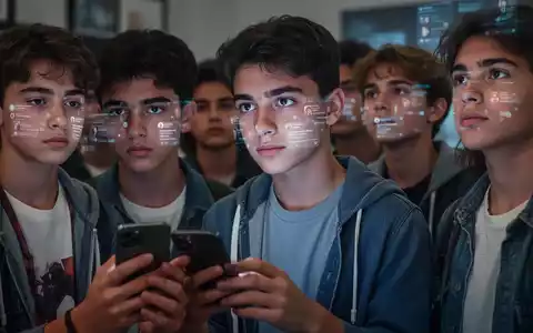 Jugendliche betrachten nachdenklich Smartphones, mit gespiegelten Social-Media-Oberflächen auf ihren Gesichtern, was den Einfluss digitaler Medien auf das Körperbild symbolisiert. - Foto: über boerse-global.de