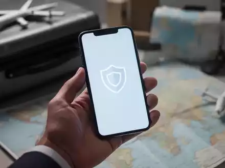 Eine Hand hält ein Smartphone vor einem verschwommenen Hintergrund mit Reiseelementen. Das Smartphone zeigt ein Schutzschild-Symbol. - Foto: über boerse-global.de