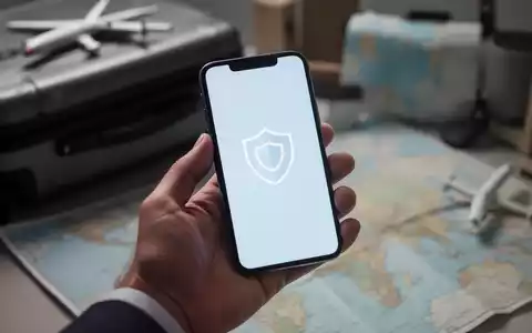 Eine Hand hält ein Smartphone vor einem verschwommenen Hintergrund mit Reiseelementen. Das Smartphone zeigt ein Schutzschild-Symbol. - Foto: über boerse-global.de