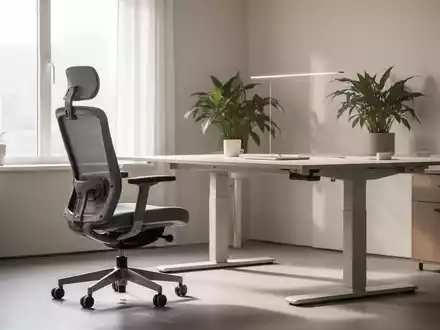 Ein modernes Büro mit einem ergonomischen Bürostuhl und einem höhenverstellbaren Schreibtisch, beleuchtet von natürlichem Licht. - Foto: über boerse-global.de
