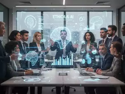 Eine Gruppe von Fachleuten, die in einem modernen Büro um eine holografische Schnittstelle herum zusammenarbeiten, die KI-Daten visualisiert. - Foto: über boerse-global.de