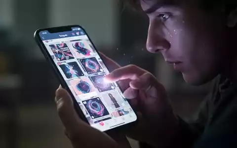 Eine Hand greift nach einem leuchtenden Smartphone-Bildschirm, der endlos scrollenden Social-Media-Inhalt anzeigt. - Foto: über boerse-global.de