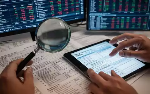 Eine Lupe vergrößert einen Abschnitt komplexer Steuerdokumente, während im Hintergrund digitale Bildschirme Finanzdaten anzeigen. - Foto: über boerse-global.de