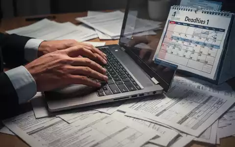 Nahaufnahme von HĂ€nden, die eilig auf einer Laptoptastatur tippen, umgeben von Steuerdokumenten und einem Kalender mit naher Frist. - Foto: ĂŒber boerse-global.de