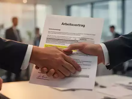 Nahaufnahme zweier Hände, die einen Arbeitsvertrag schütteln, mit hervorgehobener Passage zu Gehaltsklauseln, unscharfer Bürohintergrund. - Foto: über boerse-global.de