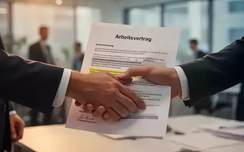 Nahaufnahme zweier Hände, die einen Arbeitsvertrag schütteln, mit hervorgehobener Passage zu Gehaltsklauseln, unscharfer Bürohintergrund. - Foto: über boerse-global.de