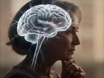 Ein stilisiertes, leuchtendes Gehirnmodell über der Silhouette einer nachdenklichen Frau, das Menopause und Gehirngesundheit symbolisiert. - Foto: über boerse-global.de