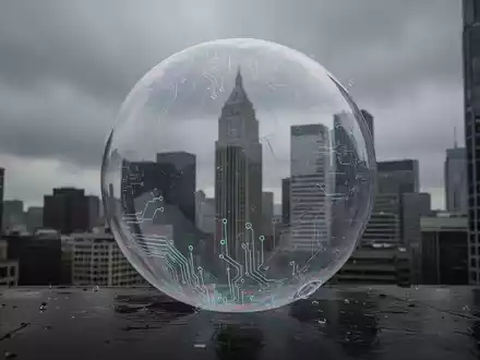 Einzelne, leere, transparente Blase spiegelt verschwommene Skyline eines Finanzviertels mit subtilen digitalen Schaltkreismustern. - Foto: über boerse-global.de