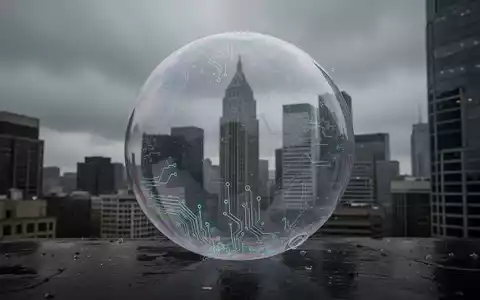 Einzelne, leere, transparente Blase spiegelt verschwommene Skyline eines Finanzviertels mit subtilen digitalen Schaltkreismustern. - Foto: über boerse-global.de