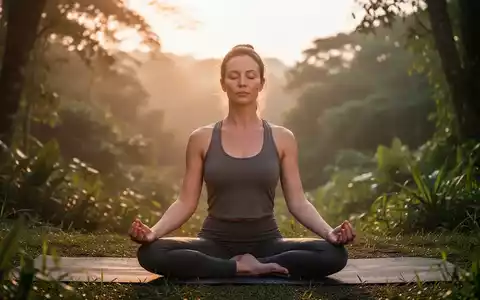 Eine Frau macht Yoga und meditiert im Freien bei Sonnenaufgang, umgeben von grüner Natur. Ruhige, friedliche Atmosphäre. - Foto: über boerse-global.de