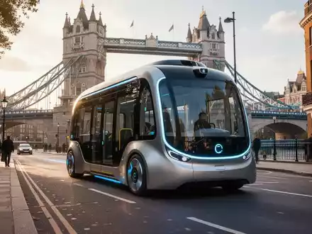 Ein moderner, autonomer Elektrobus fährt auf einer Straße mit historischer Londoner Architektur und einer Brücke im Hintergrund. - Foto: über boerse-global.de