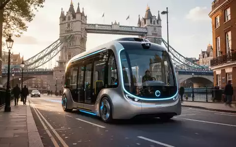 Ein moderner, autonomer Elektrobus fährt auf einer Straße mit historischer Londoner Architektur und einer Brücke im Hintergrund. - Foto: über boerse-global.de