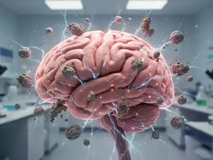 Nahaufnahme eines menschlichen Gehirns mit leuchtenden neuronalen Pfaden und abstrakten Darstellungen von zellulären Ablagerungen. - Foto: über boerse-global.de