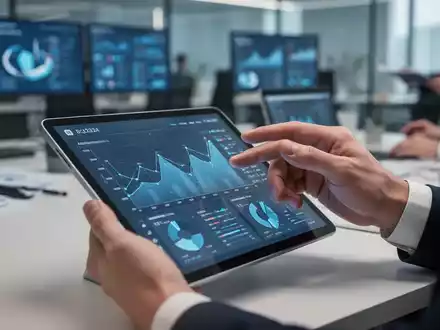 Hände eines Finanzprofis, die auf einem Tablet mit Finanzdaten tippen, im Hintergrund ein unscharfes Büro. Fokus auf Digitalisierung. - Foto: über boerse-global.de