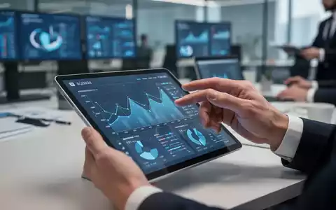 Hände eines Finanzprofis, die auf einem Tablet mit Finanzdaten tippen, im Hintergrund ein unscharfes Büro. Fokus auf Digitalisierung. - Foto: über boerse-global.de