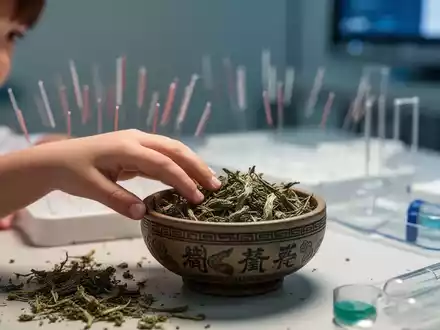 Eine Kinderhand berührt eine Schale mit TCM-Kräutern, im Hintergrund verschwommen Akupunkturnadeln und moderne medizinische Geräte. - Foto: über boerse-global.de