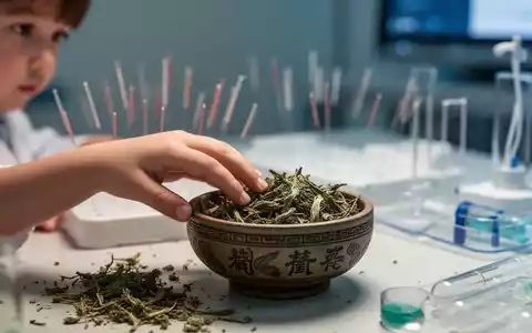Eine Kinderhand berührt eine Schale mit TCM-Kräutern, im Hintergrund verschwommen Akupunkturnadeln und moderne medizinische Geräte. - Foto: über boerse-global.de