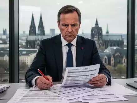 Ein ernster Stadtbeamter in Köln streicht mit einem roten Stift durch Haushaltsdokumente, im Hintergrund eine verschwommene Stadtansicht. - Foto: über boerse-global.de