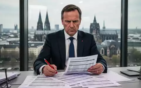 Ein ernster Stadtbeamter in Köln streicht mit einem roten Stift durch Haushaltsdokumente, im Hintergrund eine verschwommene Stadtansicht. - Foto: über boerse-global.de