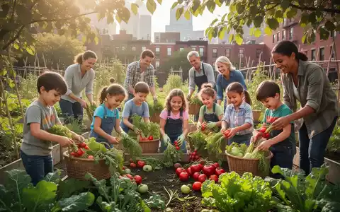 Eine diverse Gruppe von Kindern und Erwachsenen erntet gemeinsam frisches Gemüse in einem lebhaften Gemeinschaftsgarten in der Stadt. - Foto: über boerse-global.de