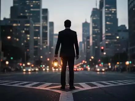 Eine einzelne Person mit einer leuchtenden Laterne steht an einem Scheideweg vor einer verschwommenen Stadtlandschaft in der Dämmerung. - Foto: über boerse-global.de