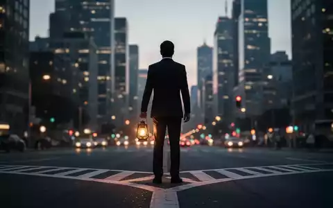 Eine einzelne Person mit einer leuchtenden Laterne steht an einem Scheideweg vor einer verschwommenen Stadtlandschaft in der Dämmerung. - Foto: über boerse-global.de