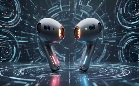 Futuristische Apple AirPods mit winzigen Kameralinsen und leuchtenden Anzeigen als Nahaufnahme. - Foto: über boerse-global.de