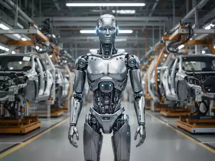 Schlanker, futuristischer humanoider Roboter in einer Hightech-Fabrik, dahinter verschwommene stillgelegte Auto-Fließbänder. - Foto: über boerse-global.de