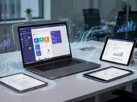 Moderner Schreibtisch mit Laptop (Microsoft Teams), Tablet (Outlook) und dezenten digitalen Grafiken für Produktivität. - Foto: über boerse-global.de