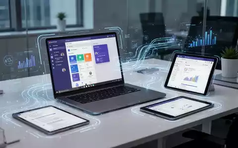 Moderner Schreibtisch mit Laptop (Microsoft Teams), Tablet (Outlook) und dezenten digitalen Grafiken für Produktivität. - Foto: über boerse-global.de