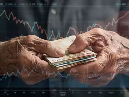 Nahaufnahme von faltigen Händen, die Euro-Banknoten zählen, mit unscharfen Finanzdiagrammen im Hintergrund, die sinkende Werte zeigen. - Foto: über boerse-global.de