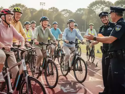 Ältere Menschen auf Pedelecs nehmen an einem Sicherheitstraining teil, angeleitet von einer Polizistin. Sie üben auf einem Trainingsparcours. - Foto: über boerse-global.de