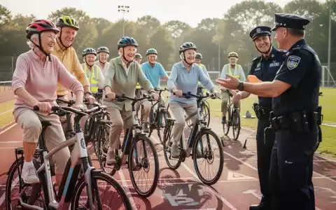Ältere Menschen auf Pedelecs nehmen an einem Sicherheitstraining teil, angeleitet von einer Polizistin. Sie üben auf einem Trainingsparcours. - Foto: über boerse-global.de