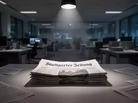 Ein gedämpft beleuchteter, moderner Newsroom mit leeren Schreibtischen und verstreuten Papieren, die Umstrukturierung und Stellenabbau symbolisieren. - Foto: über boerse-global.de