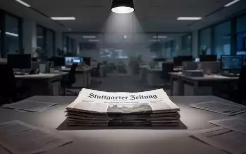 Ein gedämpft beleuchteter, moderner Newsroom mit leeren Schreibtischen und verstreuten Papieren, die Umstrukturierung und Stellenabbau symbolisieren. - Foto: über boerse-global.de