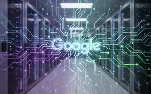 Leuchtendes neuronales Netzwerk über verschwommenem Google-Rechenzentrum, symbolisiert KI-Entwicklung und Wettbewerbsverschiebungen. - Foto: über boerse-global.de