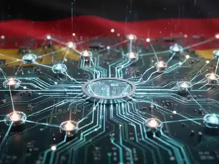 Stilisiertes, leuchtendes Schaltbrett mit Knoten, verschwommene deutsche Flagge im Hintergrund, symbolisiert Cybersicherheit und Geheimdienstnetzwerke. - Foto: über boerse-global.de