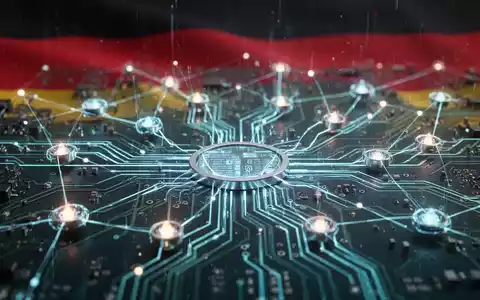 Stilisiertes, leuchtendes Schaltbrett mit Knoten, verschwommene deutsche Flagge im Hintergrund, symbolisiert Cybersicherheit und Geheimdienstnetzwerke. - Foto: über boerse-global.de