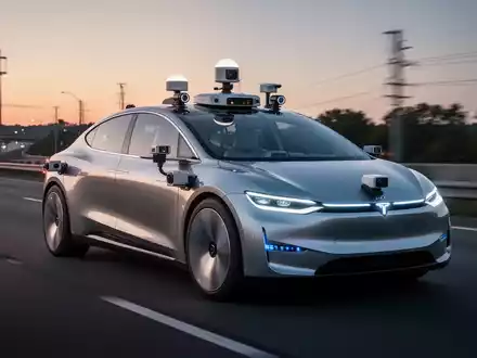 Futuristisches autonomes Fahrzeug, schlank und silbern, mit sichtbaren Kameras, Lidar- und Radarsensoren, auf einer Autobahn in der Dämmerung. - Foto: über boerse-global.de