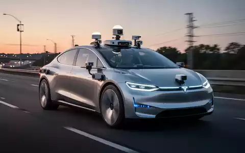 Futuristisches autonomes Fahrzeug, schlank und silbern, mit sichtbaren Kameras, Lidar- und Radarsensoren, auf einer Autobahn in der Dämmerung. - Foto: über boerse-global.de
