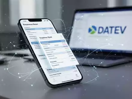 Ein Smartphone zeigt eine digitale Reisekostenabrechnung mit Diagrammen und Zahlen, im Hintergrund ein Laptop mit dem DATEV-Logo. - Foto: über boerse-global.de