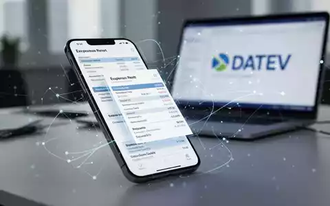 Ein Smartphone zeigt eine digitale Reisekostenabrechnung mit Diagrammen und Zahlen, im Hintergrund ein Laptop mit dem DATEV-Logo. - Foto: über boerse-global.de