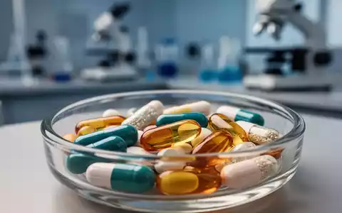 Nahaufnahme von verschiedenen Vitaminpräparaten in einer Glasschale vor einem unscharfen medizinischen Hintergrund. - Foto: über boerse-global.de