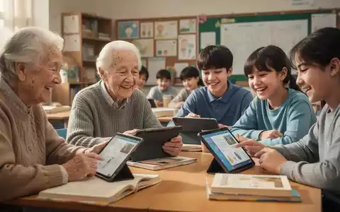 Senioren und junge Menschen tauschen sich in einem Klassenzimmer aus, nutzen Tablets und Bücher, um gemeinsam zu lernen. - Foto: über boerse-global.de