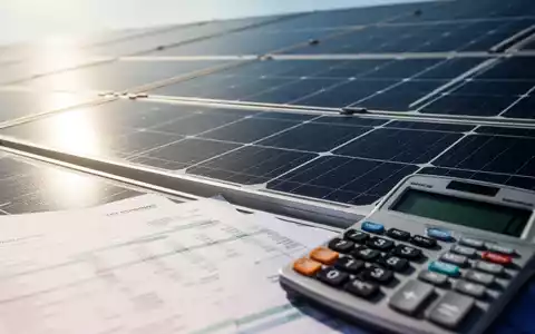 Nahaufnahme eines Solarpark-Moduls mit unscharfen Finanzdokumenten und einem Taschenrechner im Vordergrund, der Investitionen und Steuerplanung symbolisiert. - Foto: über boerse-global.de