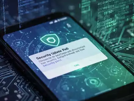 Smartphone-Bildschirm mit Sicherheitsupdate-Benachrichtigung, dahinter abstrakter digitaler Code und Leiterplattenelemente. - Foto: über boerse-global.de